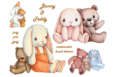 Bunny and Teddy. Watercolor cute illustrations for kids.