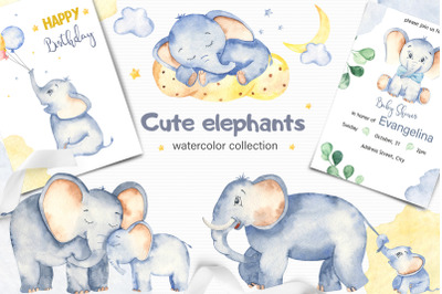Cute elephants watercolor collection clipart