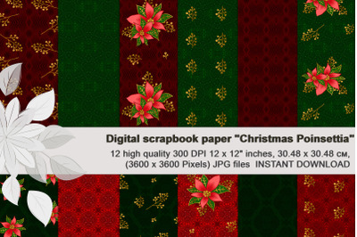 Christmas Poinsettia, Seamless Floral Digital Paper.
