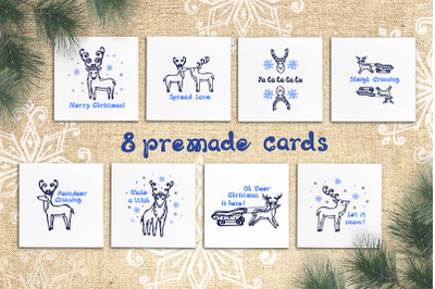 8 hand drawn greeting cards with Christmas deer