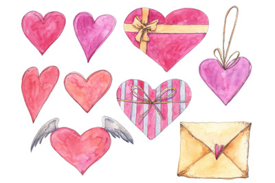 Love set with hearts in watercolor sketching style