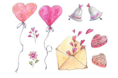 Love set with pretty elements in watercolor sketching style