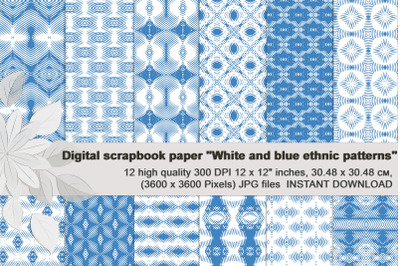 White and blue ethnic seamless patterns.