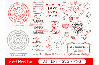Set of hearts and arrows drawn by hands