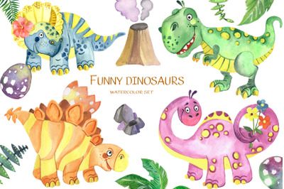 Baby dinosaurs. Watercolor clipart.