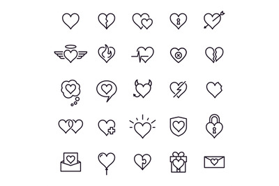 Heart line icons. Styling heart decoration elements, love and friendsh