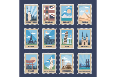 Travel postage stamps. Vintage stamp with national landmarks&2C; retro st