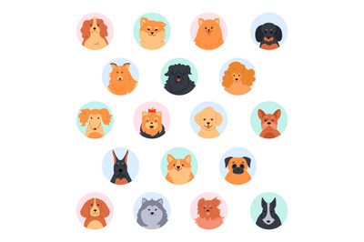 Pet cute faces. Cute dog head. Poodle, funny yorkshire terrier, pomera