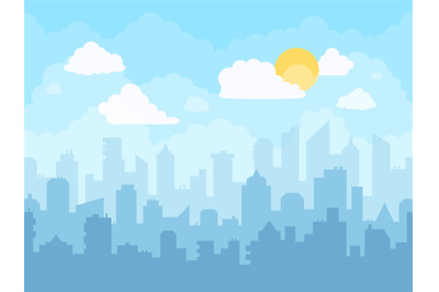 Cartoon blue sky cityscape. Cloudy sky, city skyline landscape, midday