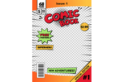 Comic book cover page template. Cartoon pop art comic book title poste