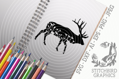 Floral Meadow Elk SVG DXF, Instant Download, Stitchbird Graphics Comme