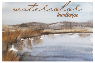 watercolor landscape with a lake