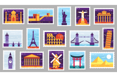 World cities post stamps. Travel postage stamp design, city attraction