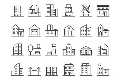 Line buildings icons. City building, hotel and store icon. Warehouse,