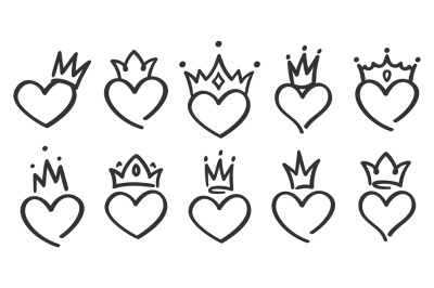 Hand drawn crowned hearts. Doodle princess&2C; king and queen crown on he