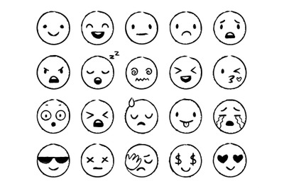 Hand drawn emoji. Doodle emoticons&2C; smile face sketch and grunge ink b