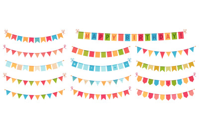 Party bunting. Color paper triangular flags collected and draped in ga
