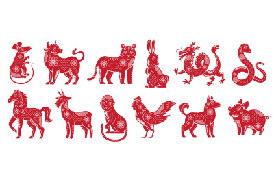 Chinese Zodiac New Year signs. Traditional china horoscope animals&2C; re