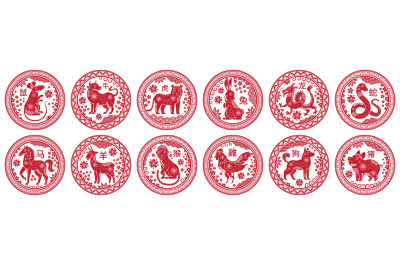 Round Chinese zodiac signs. Circle stamps with animal of year&2C; china N