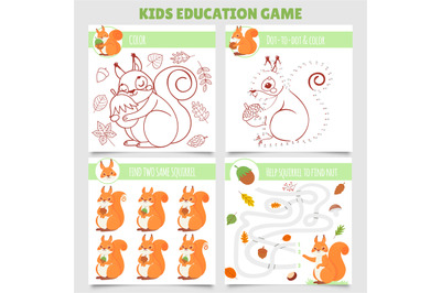 Cartoon squirrel kids games. Find two same pictures, squirrel and nut