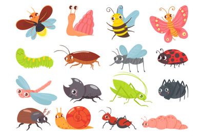 Cartoon bugs. Baby insect&2C; funny happy bug and cute ladybug vector set