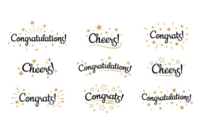 Congrats lettering. Congratulation text labels, cheers sign decorated