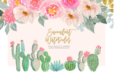 Watercolor cactus floral clip art&2C; greenery cactus clip art