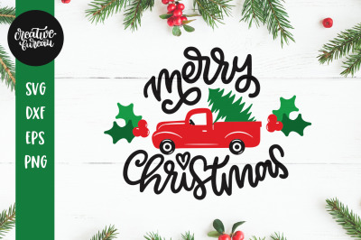Merry Christmas Red Vintage Truck SVG DXF Cut File, Christmas SVG Cut