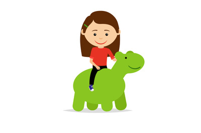 Girl sitting on green dinosaur toy