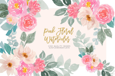 Pink and Gold Watercolor Floral Clipart Set