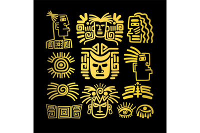 Tribal face drawings set, golden symbols