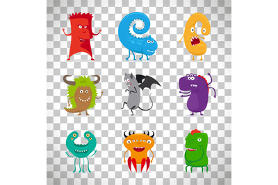 Cartoon cute monsters on transparent background