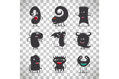 Cute black monsters on transparent background