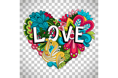 Doodle floral heart on transparent background