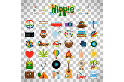 Hippie flat icons on transparent background