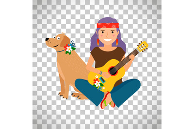 Hippie girl with guitar and dog