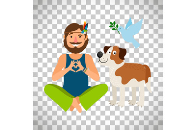 Hippie peace man with dog