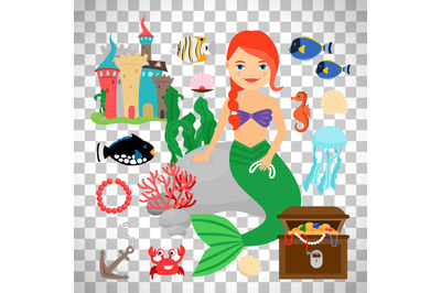 Cute mermaid with marine life