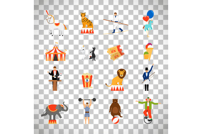 Circus flat icons on transparent background