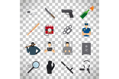 Crime icons set on transparent background