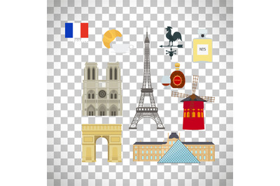 France flag and Paris landmarks icons