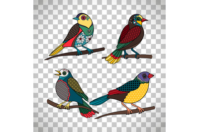 Colored birds with floral patterns