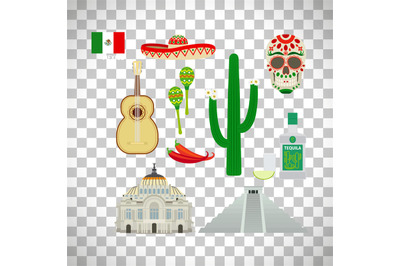 Mexico icons set on transparent background