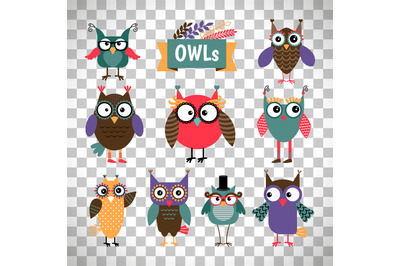 Owl icons set on transparent background