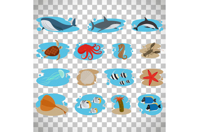 Sea animals set on transparent background