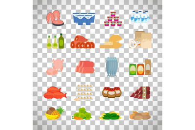 Supermarket food icons on transparent background