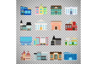 City buildings icons on transparent background