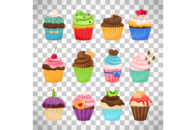 Delicious cupcakes set on transparent background