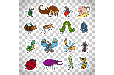 Funny insects stickers on transparent background