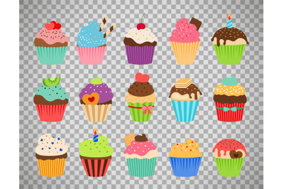 Cupcakes flat icons on transparent background